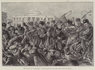 De rellen in Sint-Petersburg, Kozakken drijven de menigte terug met de knoet door Paul Frenzeny